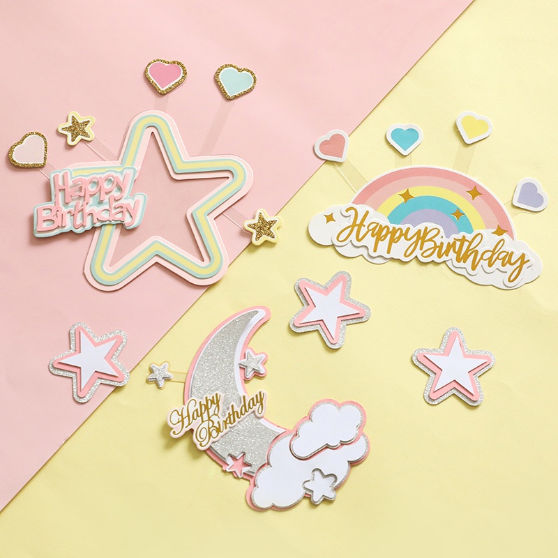Thẻ Trang Trí Bánh Kem Hình Kỳ Lân / Ngôi Sao / Mặt Trăng / Cầu Vồng Ba Lớp