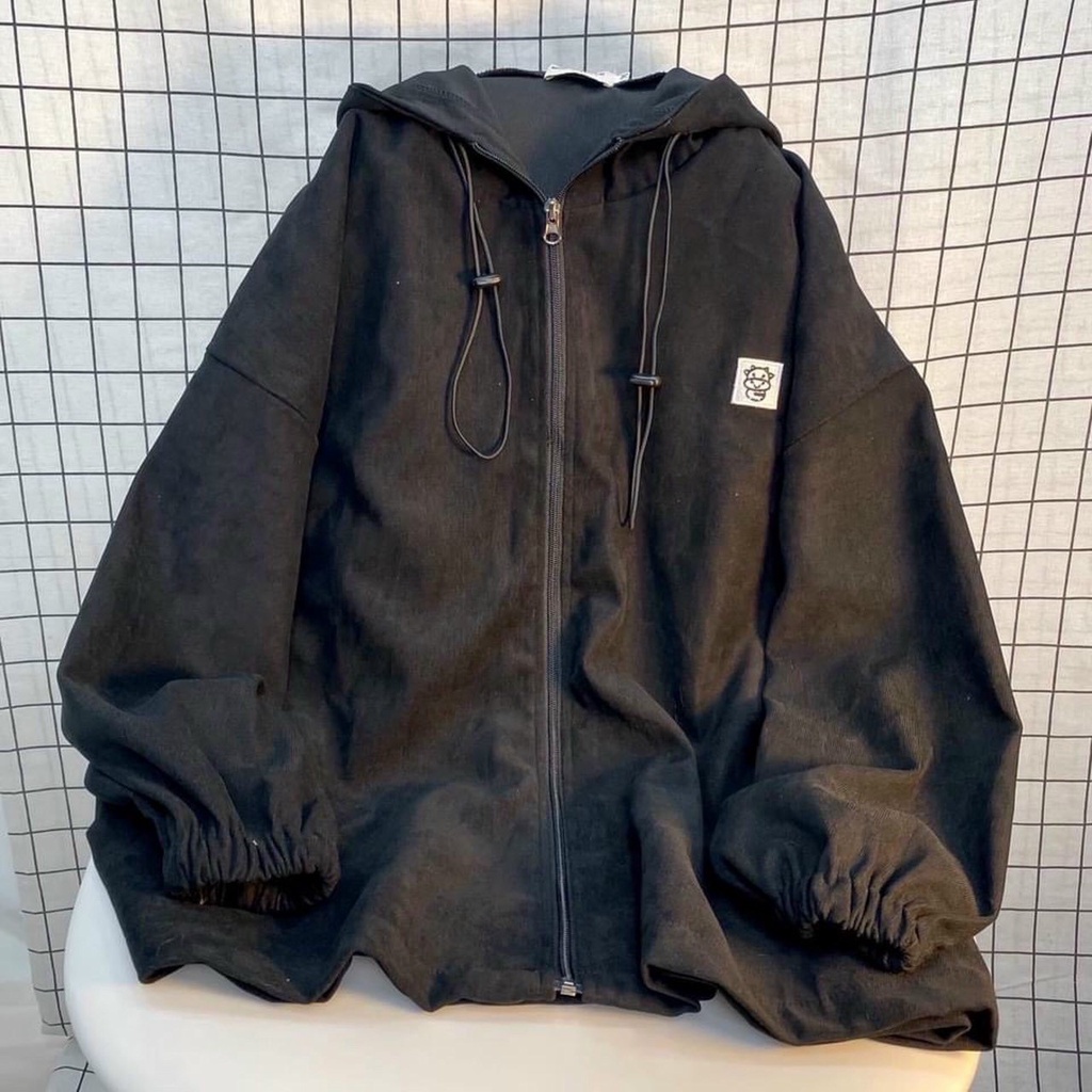 Áo Khoác Nữ 2 Lớp Dây Kéo Chất Da Lộn In Hình Chữ Vòng Có Mũ Unisex Nam Nữ Form Rộng