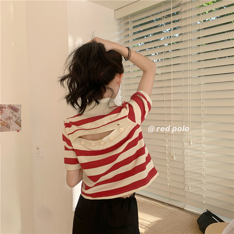 Áo Thun Polo Tay Lửng Kẻ Sọc Cá Tính Thời Trang 176092Áo Dáng Ôm Hở Lưng Phối Nút Gợi Cảm Dễ Phối Đồ