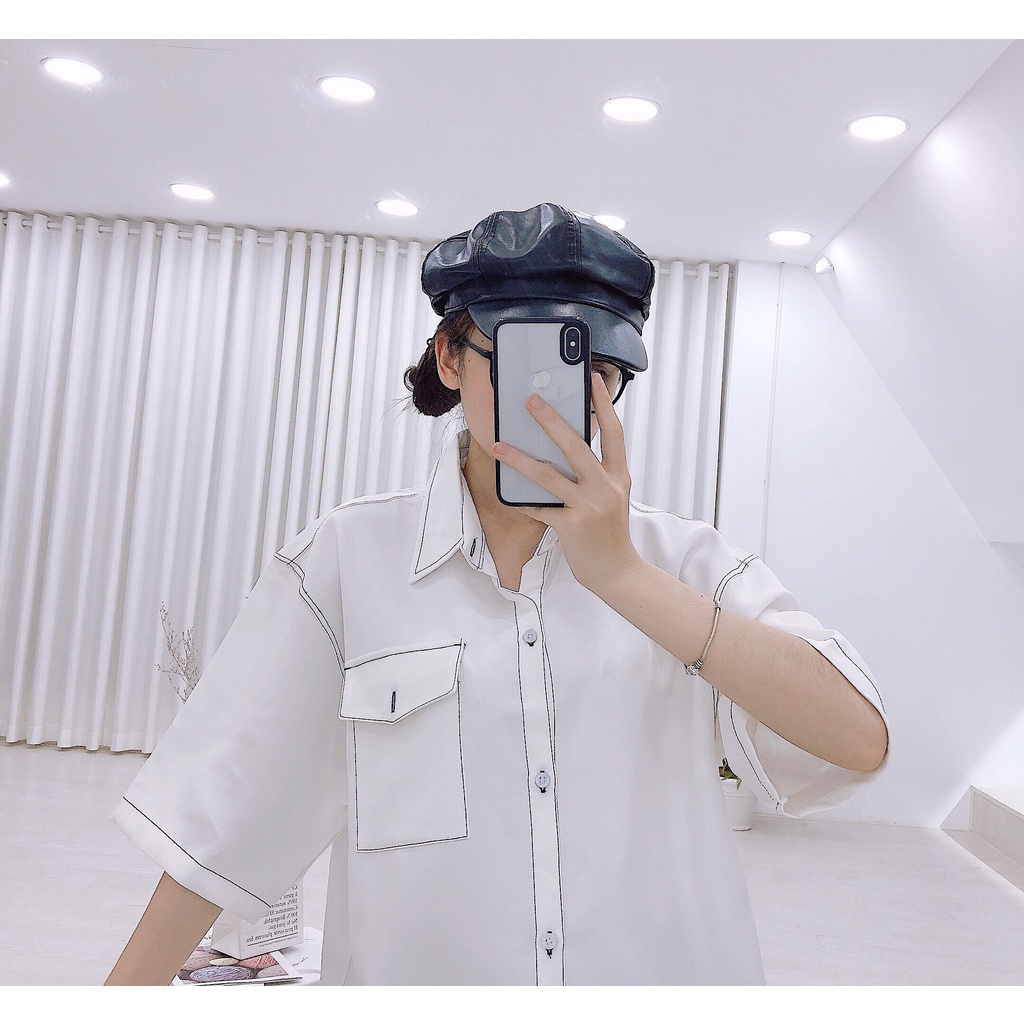 Áo Sơ Mi Nam Tay Lỡ Viền Chỉ Nổi Phong Cách Unisex 2 màu Đen Trắng | BigBuy360 - bigbuy360.vn