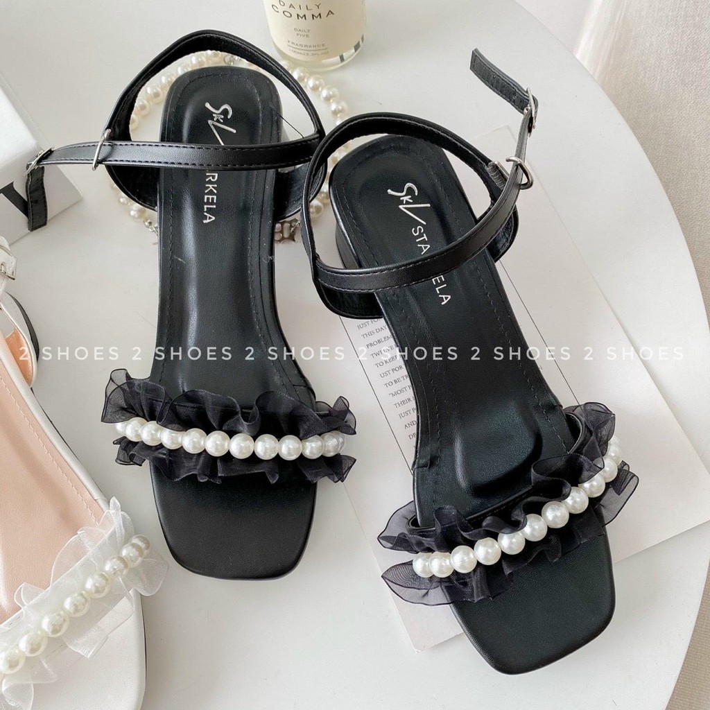 Sandal da mịn quai viền ren nhún đính dây ngọc cực xinh - 4P