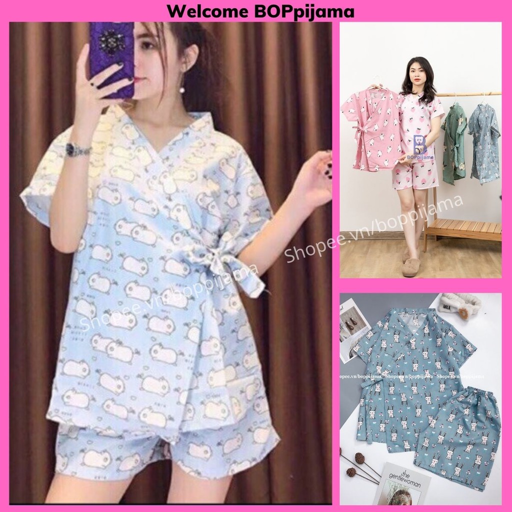 Đồ ngủ nữ pijama mặc nhà kimono HATIBO chất kate thái cao cấp, bộ quần áo ngủ pizama tay ngắn quần đùi | BigBuy360 - bigbuy360.vn
