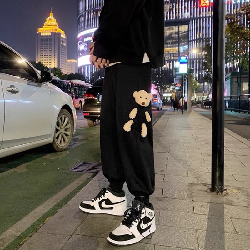 ✦ AFFLIGA ✦Quần thể thao ống đứng vải cotton co giãn in hình gấu hoạt hình thời trang Hàn Quốc cho nam size S-3XL