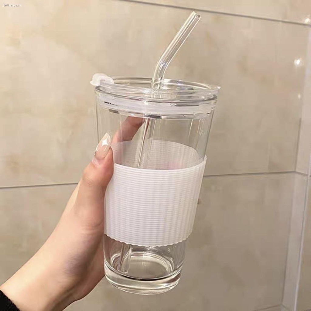 Cốc thủy tinh đựng nước có nắp đậy và ống hút thiết kế đơn giản phong cách Hàn Quốc
