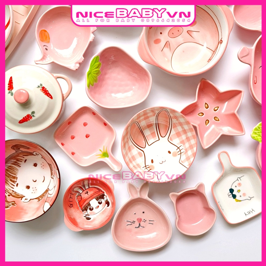 Bát Gốm Sứ Màu Hồng Cao Cấp Nhiều Hình Nicebabyvn