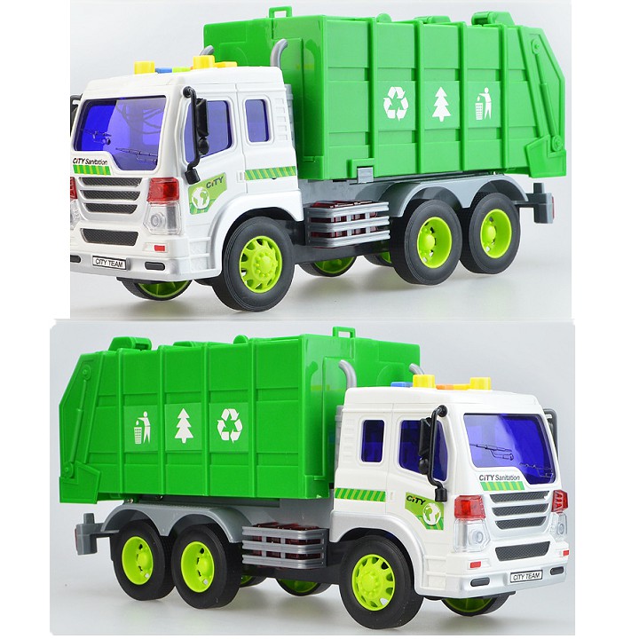 Ô tô chở rác màu xanh cỡ trung đồ chơi trẻ em xe chạy đà có âm thanh và đèn