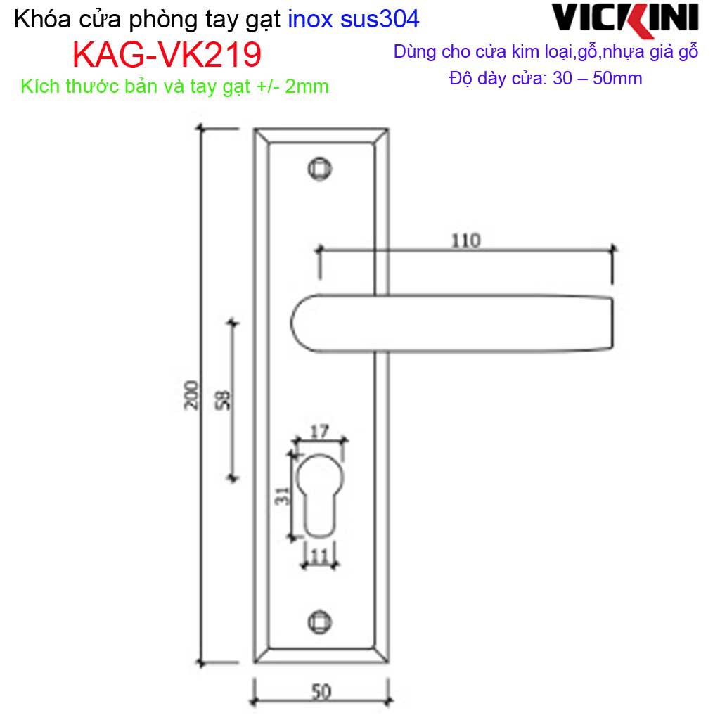 Khóa tay gạt Vickini, khóa tay gạt 1 đầu vặn 1 đầu chìa, khóa phòng tay gạt trọn bộ KAG-VK219