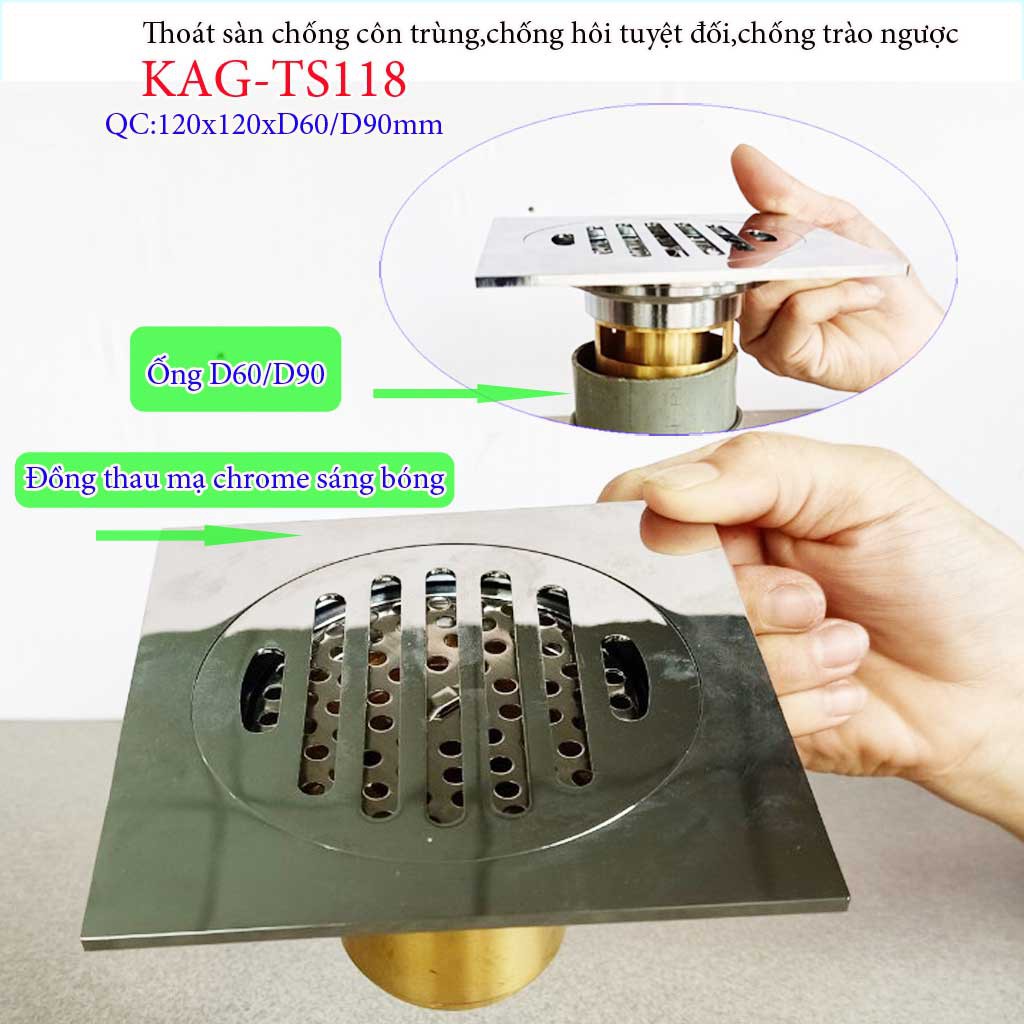 Thoát sàn chống hôi nhà tắm 12x12cm KAG-TS118, phễu thoát sàn chống trào chống côn trùng thoát nước nhanh chặn tóc tốt