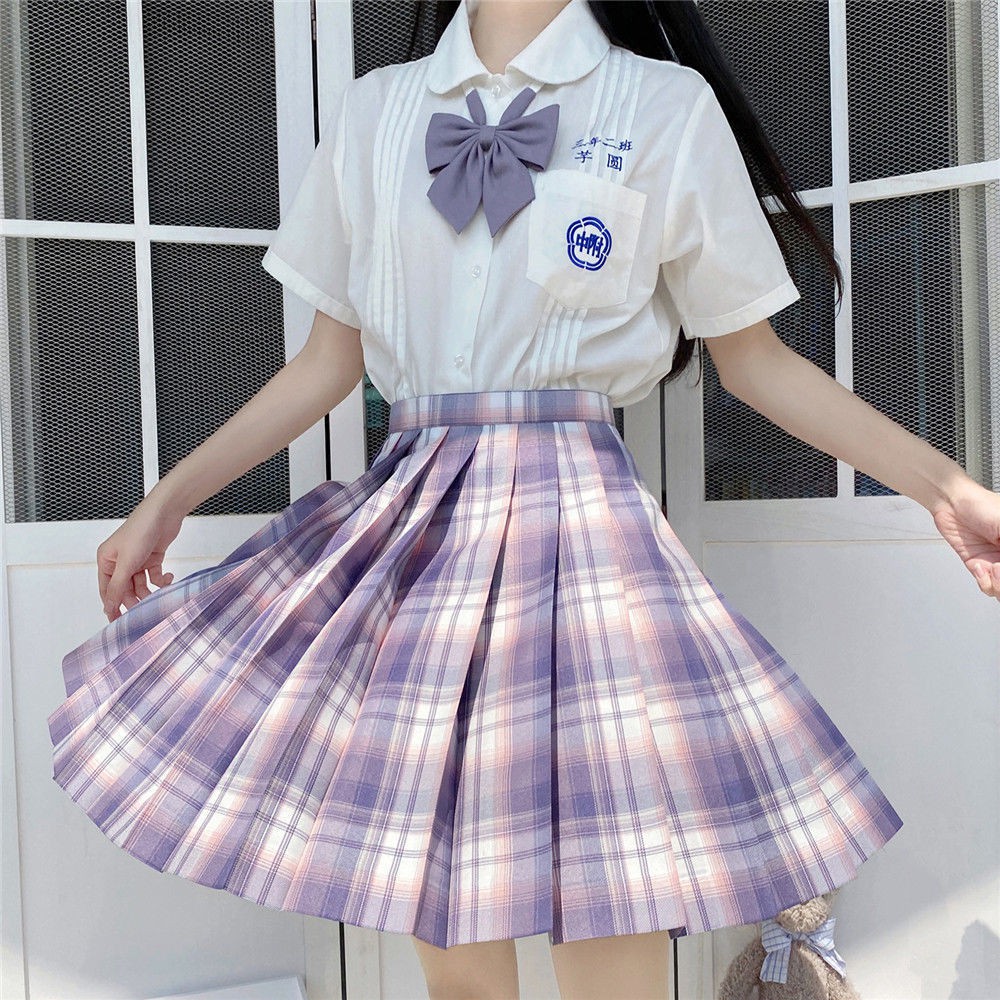 váy tennischân váy dài❦△Taro Mud Cake JK Nhật Bản Đồng phục mùa hè Váy kẻ sọc trắng Bộ nữ sinh dễ thương Phong c