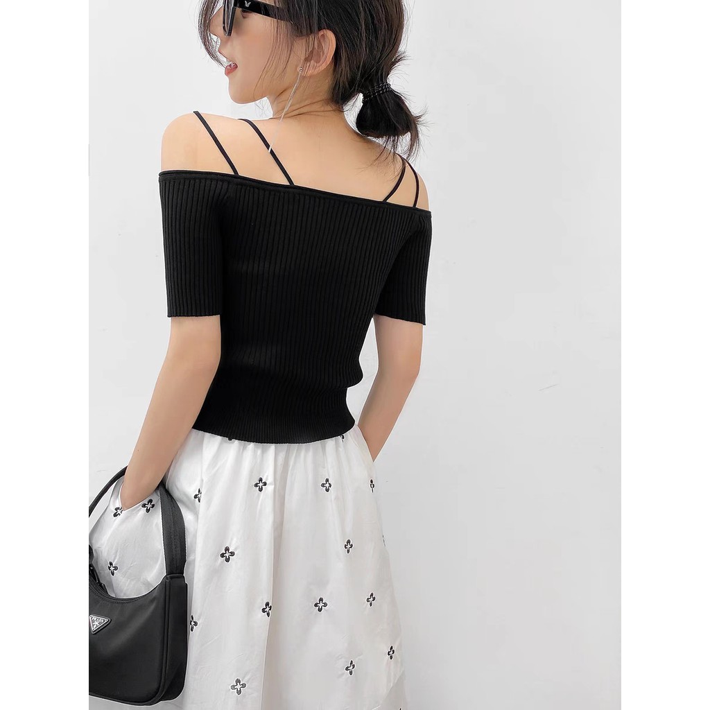 Cocory vn Áo croptop dệt kim tay ngắn trễ vai thiết kế ôm sát quyến rũ