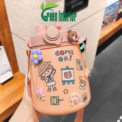 Bình giữ nhiệt 880ml Amazing Mall, bình đựng nước cute có ống hút, inox 304 cao cấp kèm hình dán 3D Màu Hồng