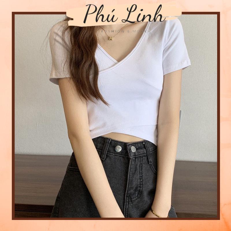 MS31 Áo thun nữ trơn vạt chéo croptop hở eo