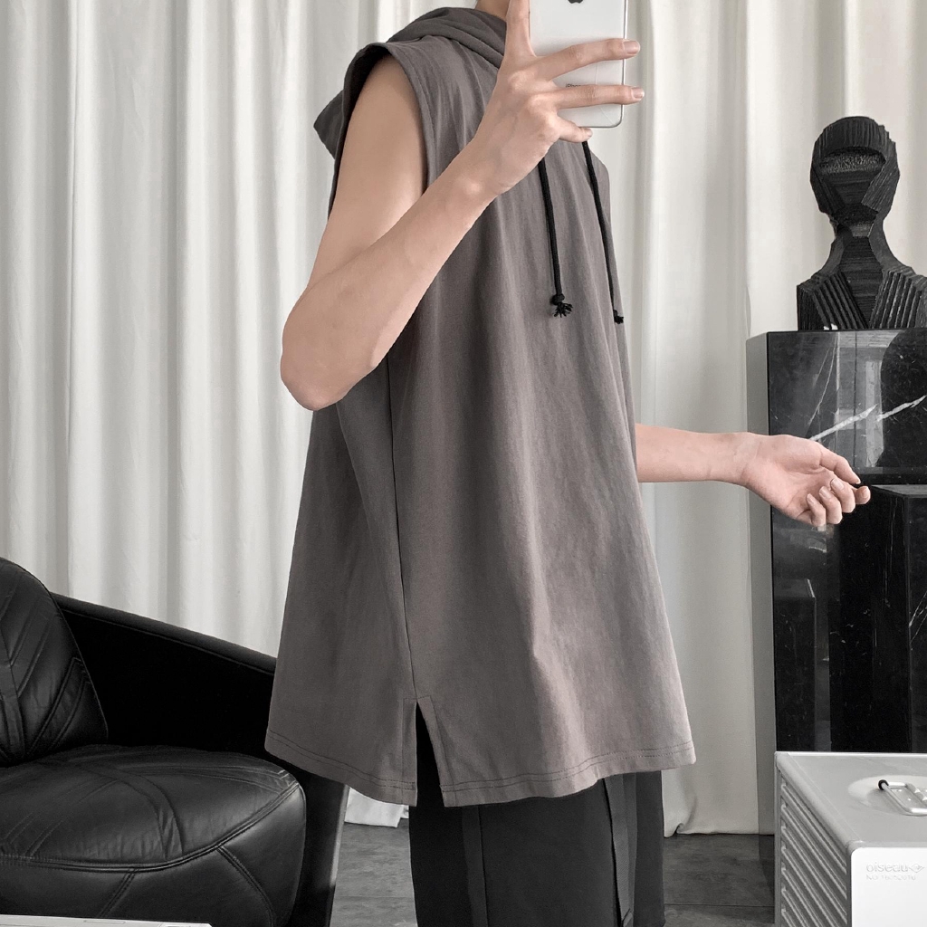 Áo Hoodie Nam Không Tay Dáng Rộng Màu Trơn Thời Trang Thể Thao Năng Động