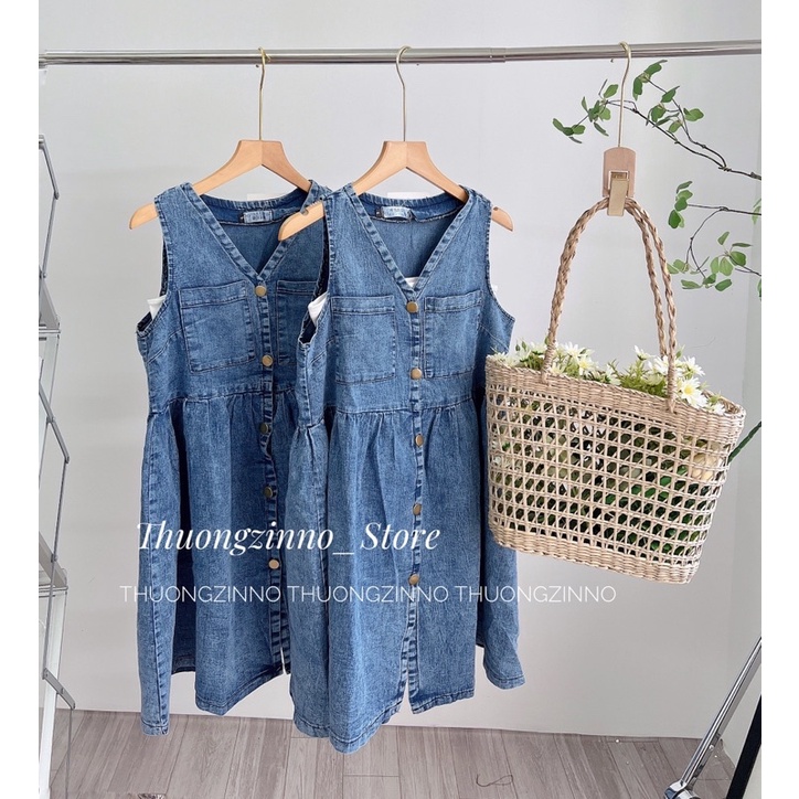 [Ảnh thật/Video]Váy Denim sát nách Dáng Rộng Phong Cách Cổ Điển Váy bò không tay Thời Trang Hàn
