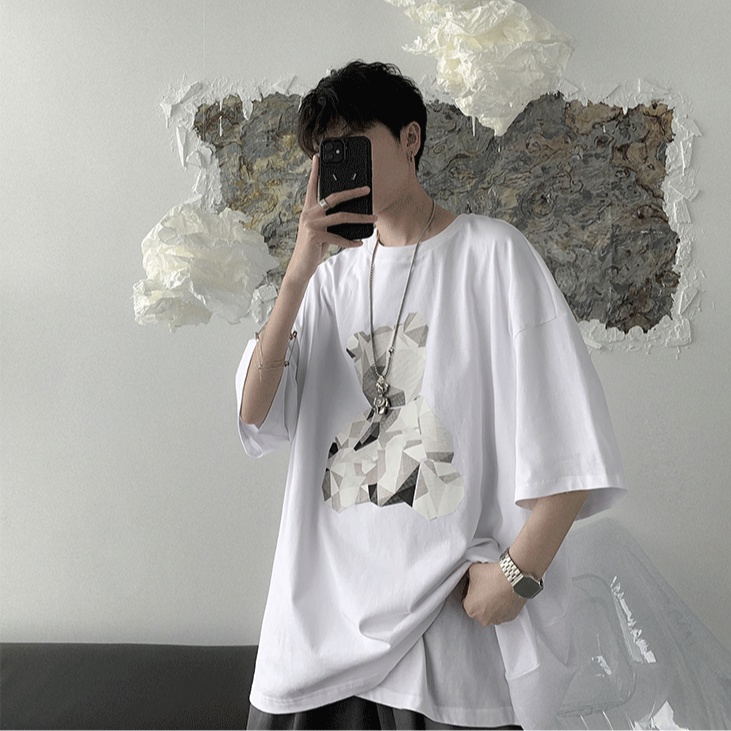 Áo thun ngắn tay dáng rộng in hoạt hình gấu kiểu Hàn Quốc cá tính dành cho nam và nữ cỡ lớn S-8Xl