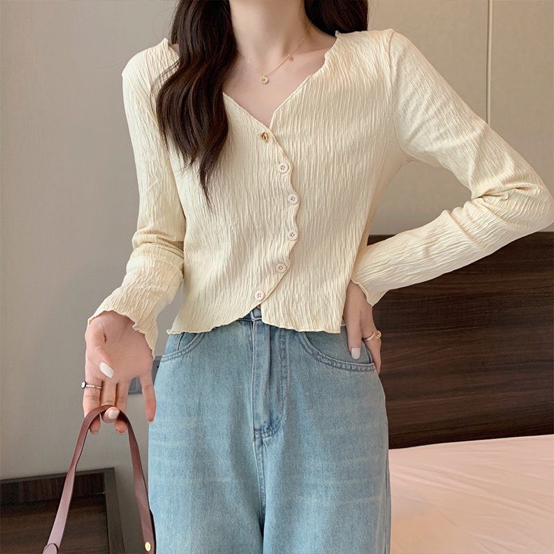 ZHELIHANGFEI Áo Dệt Kim Tay Dài Cổ Chữ V Thiết Kế Độc Đáo Ngọt Ngào