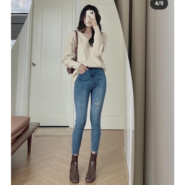 Quần skinny jeans xanh rách đùi cắt gấu trước ôm dáng phong cách trẻ trung siêu hot | BigBuy360 - bigbuy360.vn