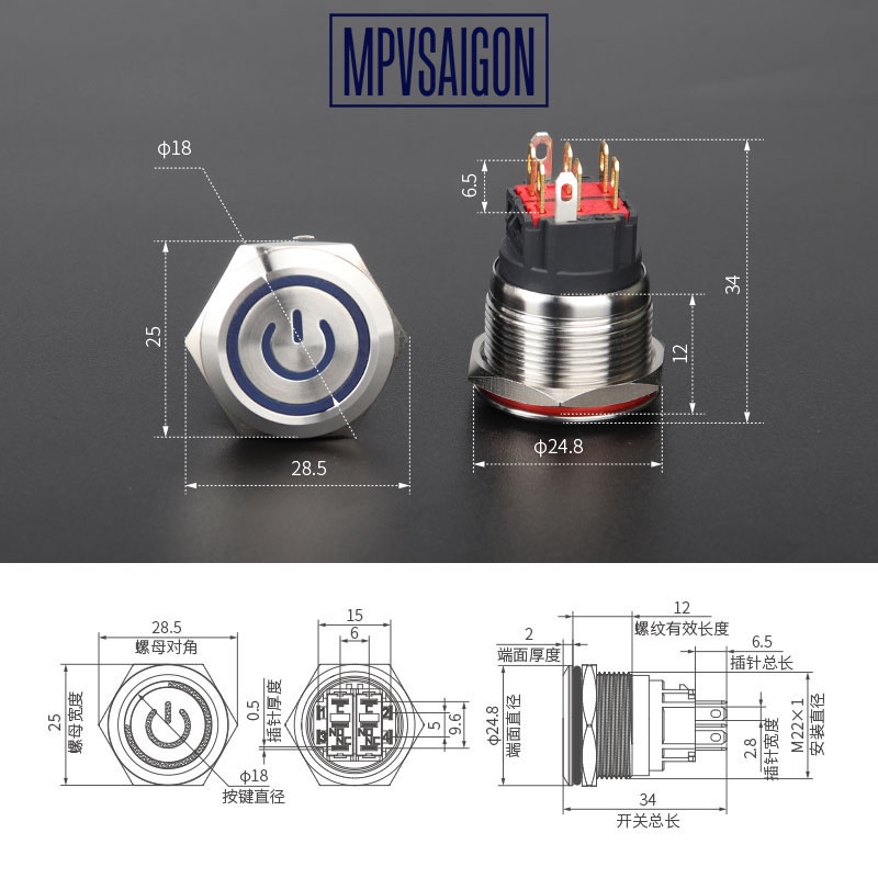 Công tắc LED 22mm hình LED nguồn 12V 24V nhấn khóa - 22mm LED Latching push button switch