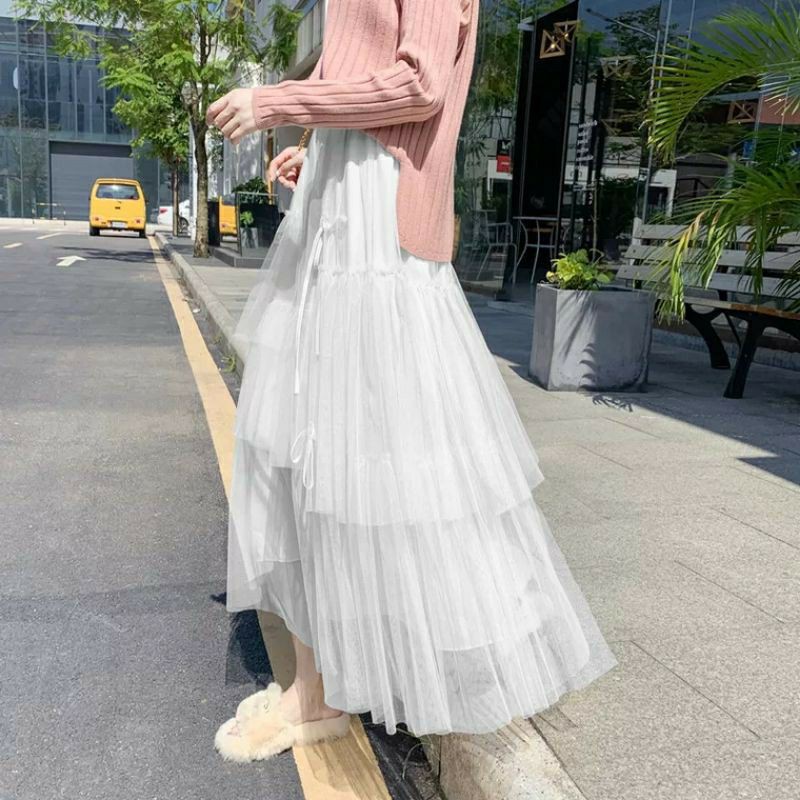 (New QC) Chân váy trắng lưới tầng eo thun