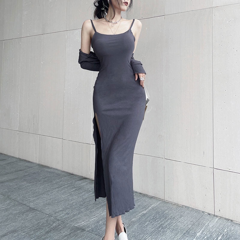 Đầm Dáng Ôm Lưng Cao Màu Trơn Xẻ Tà Gợi Cảm Cho Nữ