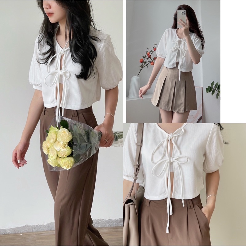 [HÀNG SẴN]ÁO CROTOP THUN TĂM CỘT NƠ CỘC TAY 275 SIÊU XINH