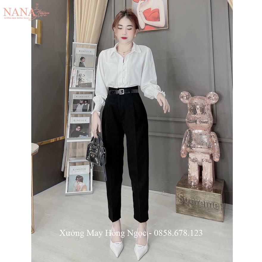 Quần baggy nữ lưng cao đi học làm công sở màu Đen Xanh Than dáng quần tây nữ công sở cạp cao vải tuyết mưa co giãn nhẹ