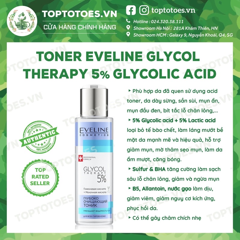 Toner Eveline 5% Glycolic acid làm da căng bóng, sáng mịn, mờ thâm sạm