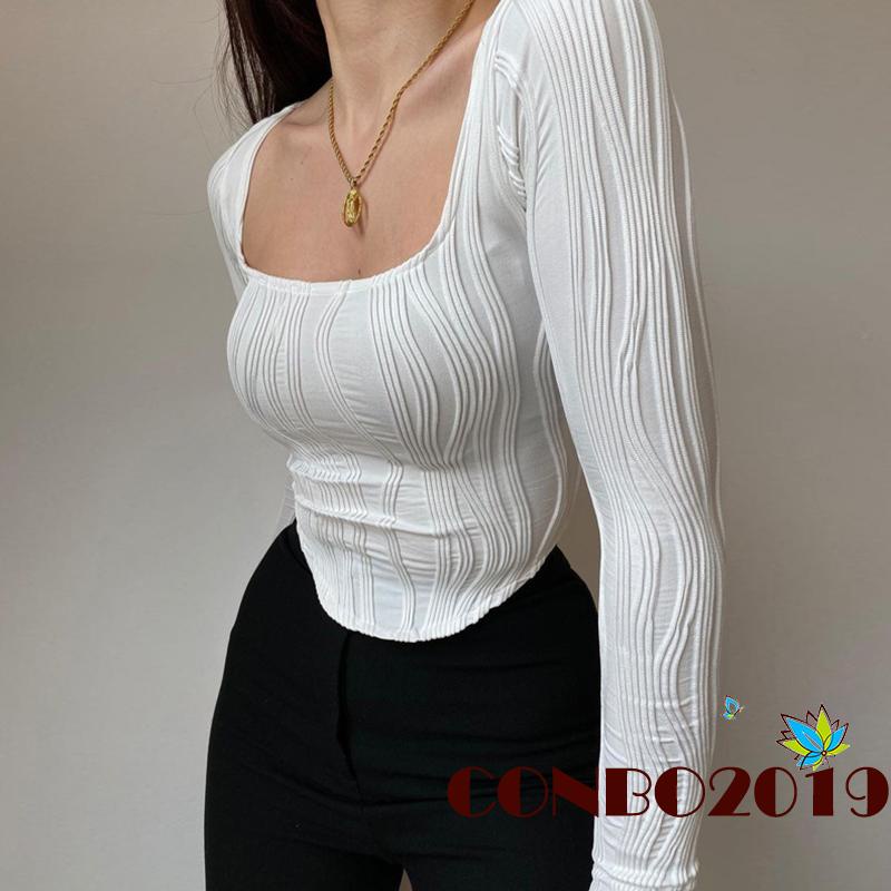 Áo Thun Tay Dài Cổ Chữ U Màu Trơn Họa Tiết 3D Thời Trang Cho Nữ