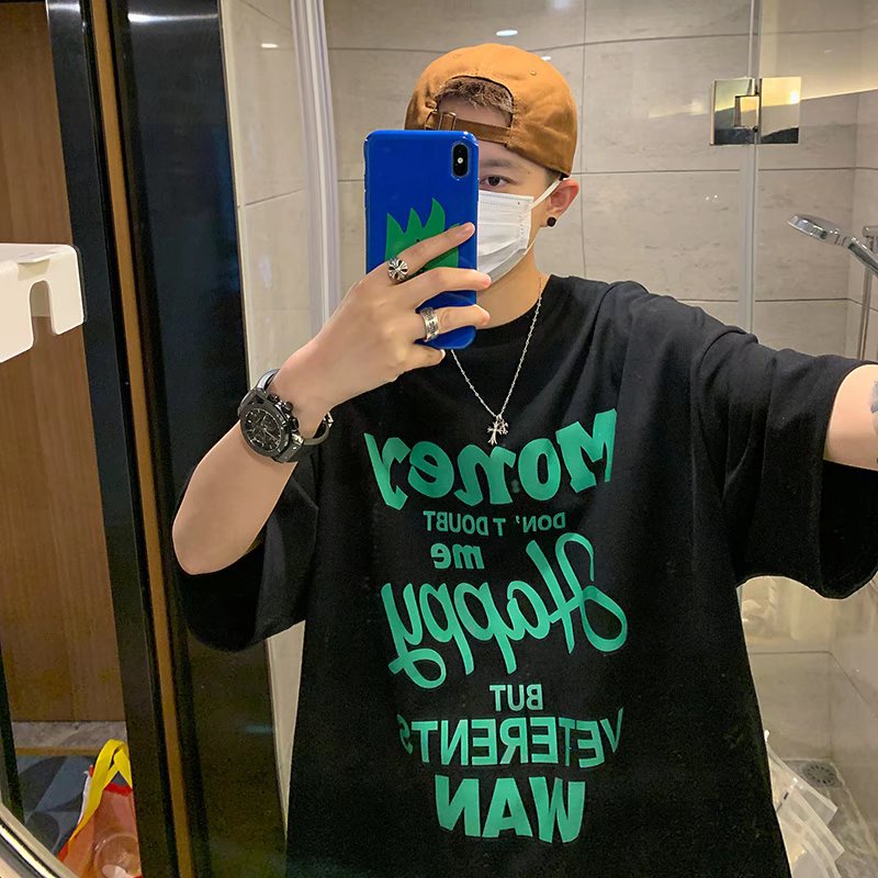 New Round Neck Print Casual Men's Loose Five-part Sleeve T-shirt Bottoming Fashion Tide