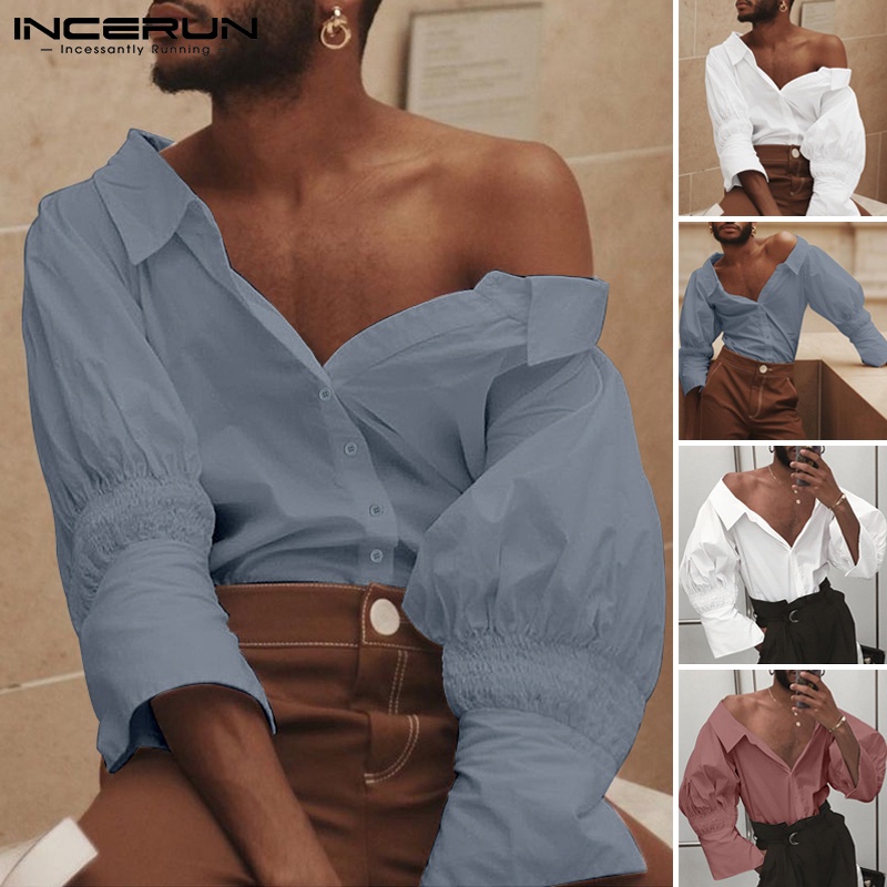 Áo sơ mi nam INCERUN tay dài phồng dáng rộng cài nút màu trơn thời trang vintage