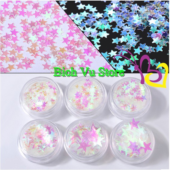 6 hủ Kim tuyến hình sao mỏng mix size (màu trắng ánh ngũ sắc)