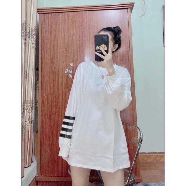 Áo thun nữ 4 vạch kẻ ngang tay phồng - Phông sweater form rộng kiểu dáng thể thao màu ĐEN | TRẮNG | XÁM ulzzang HOT