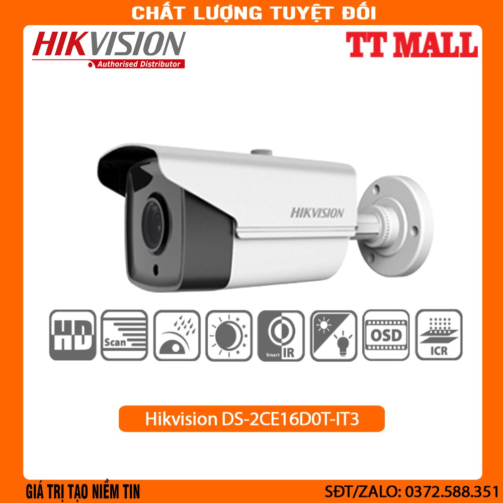 [Mã ELHAMS5 giảm 6% đơn 300K] CAMERA HDTVI THÂN HỒNG NGOẠI HIKVISION DS-2CE16D0T-IT3 (2.0MP)