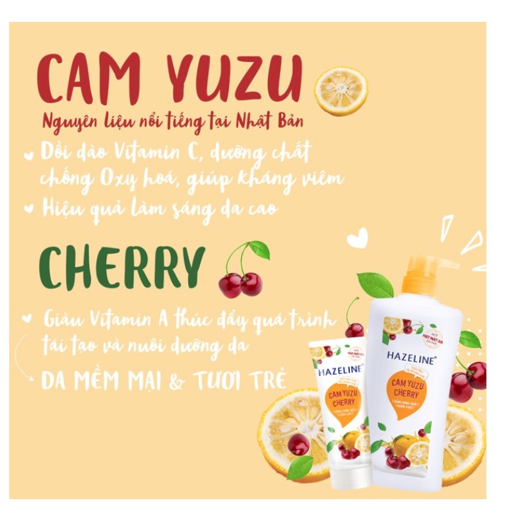 SỮA TẮM HAZELINE TẨY TẾ BÀO CHẾT CAM YUZU VÀ CHERRY CHAI 670g