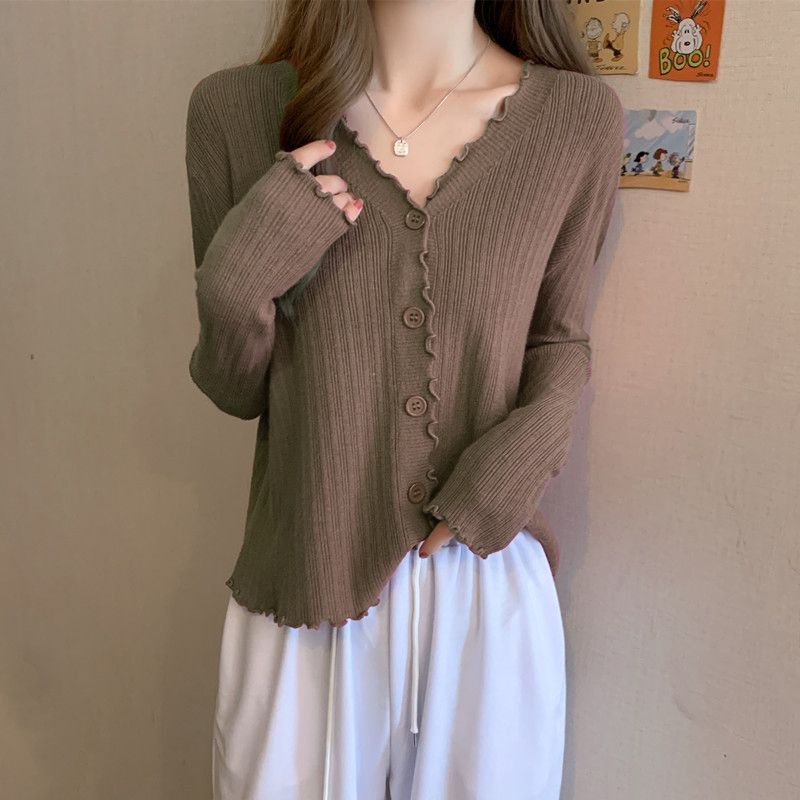 K Áo Khoác Cardigan Dệt Kim Tay Dài Dáng Ôm Cổ Chữ v Viền Nấm Phong Cách Mùa Thu Mới Dành Cho Bạn Nữ