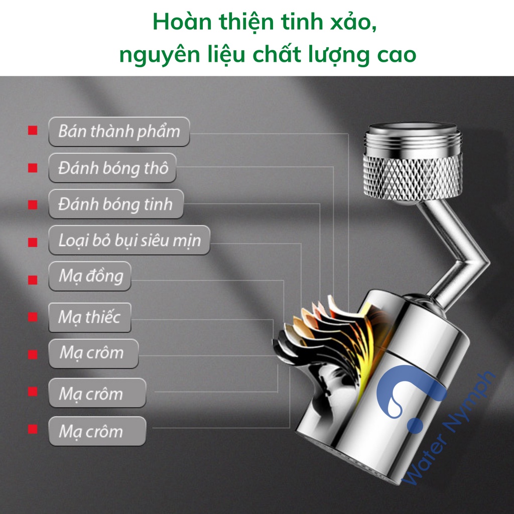 Đầu vòi nước xoay 360 - 720 độ, tăng áp, hai chế độ phun nước tiện ích Waternymph (tặng kèm (bộ) ren chuyển đổi)