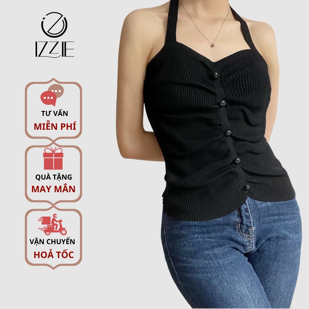 Áo yếm cúc ngọc bèo nhún A146 IZZIE, co giãn, len đanh mỏng mịn, sexy