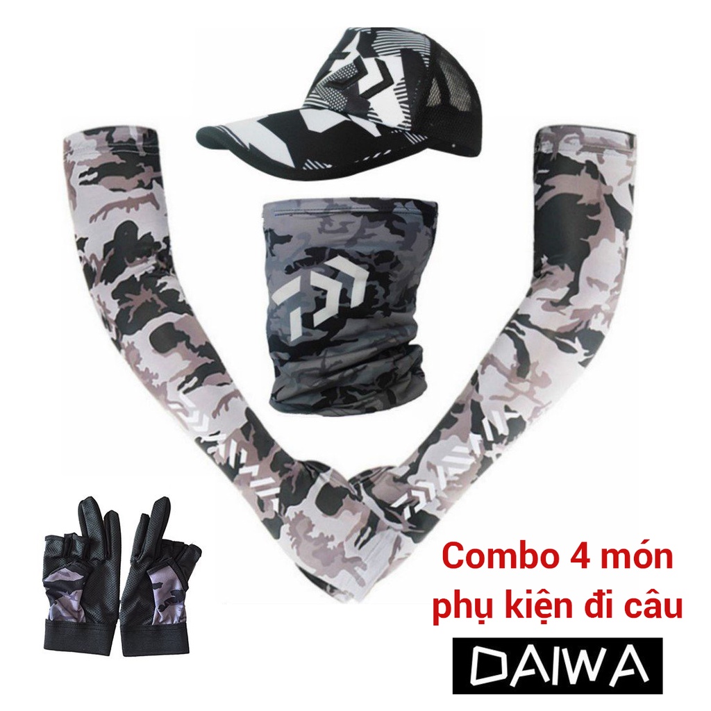 Mũ Nón Câu Cá, Combo 4 món găng tay, quấn cổ, ống tay thương hiệu Daiwa, thời trang đi câu
