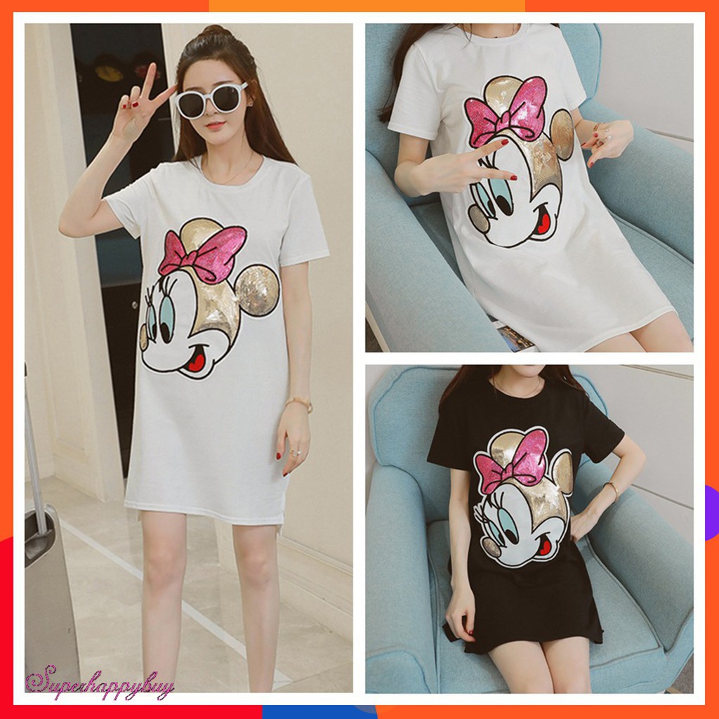 Đầm thun ngắn tay đính kim tuyến hình hoạt hình dễ thương cho nữ