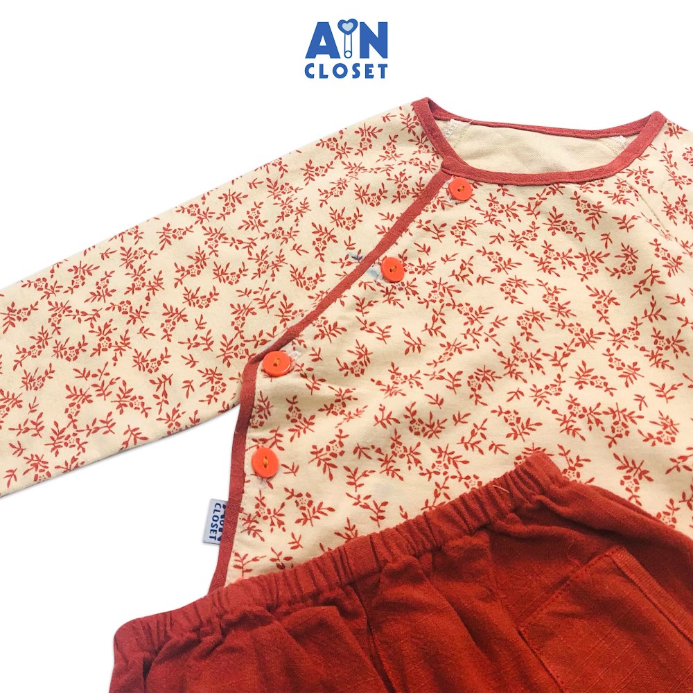 Bộ áo dài bé gái họa tiết Đào đông đỏ thô trà bông - AICDBG3N1IMC - AIN Closet