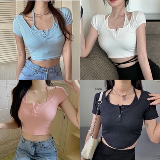Áo ngắn tay lai bầu croptop thun gân