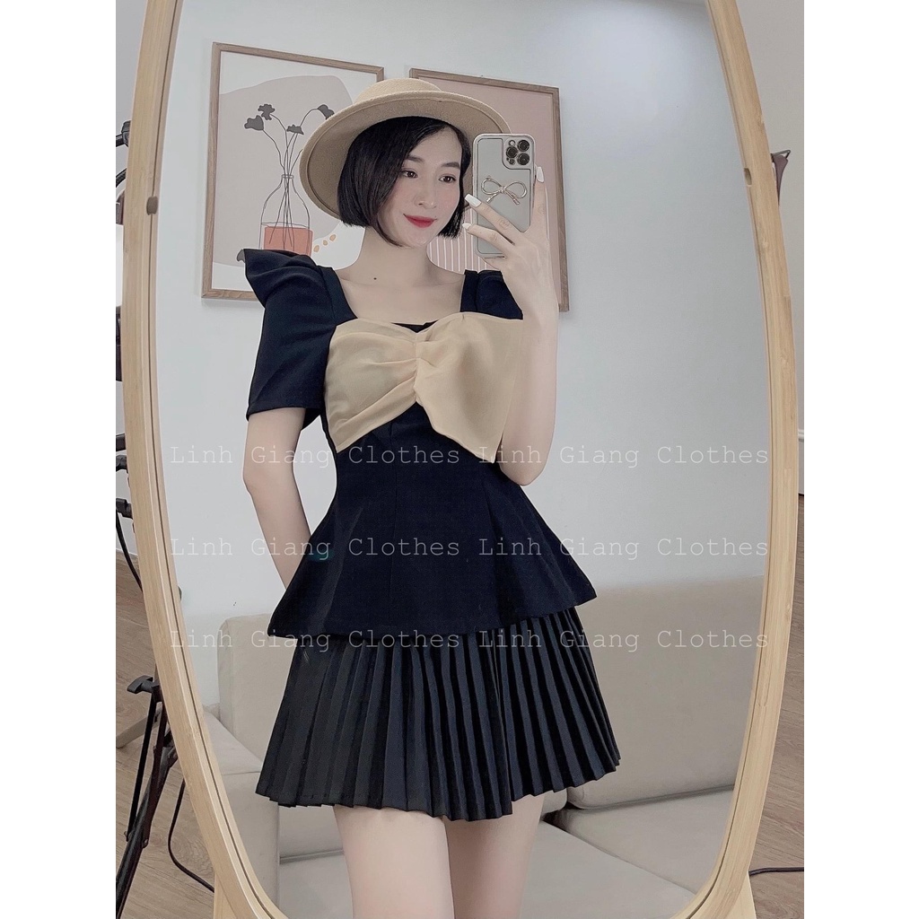 Set Áo Tay Phồng Nơ Mix Chân Váy Dập Ly Phong Cách
