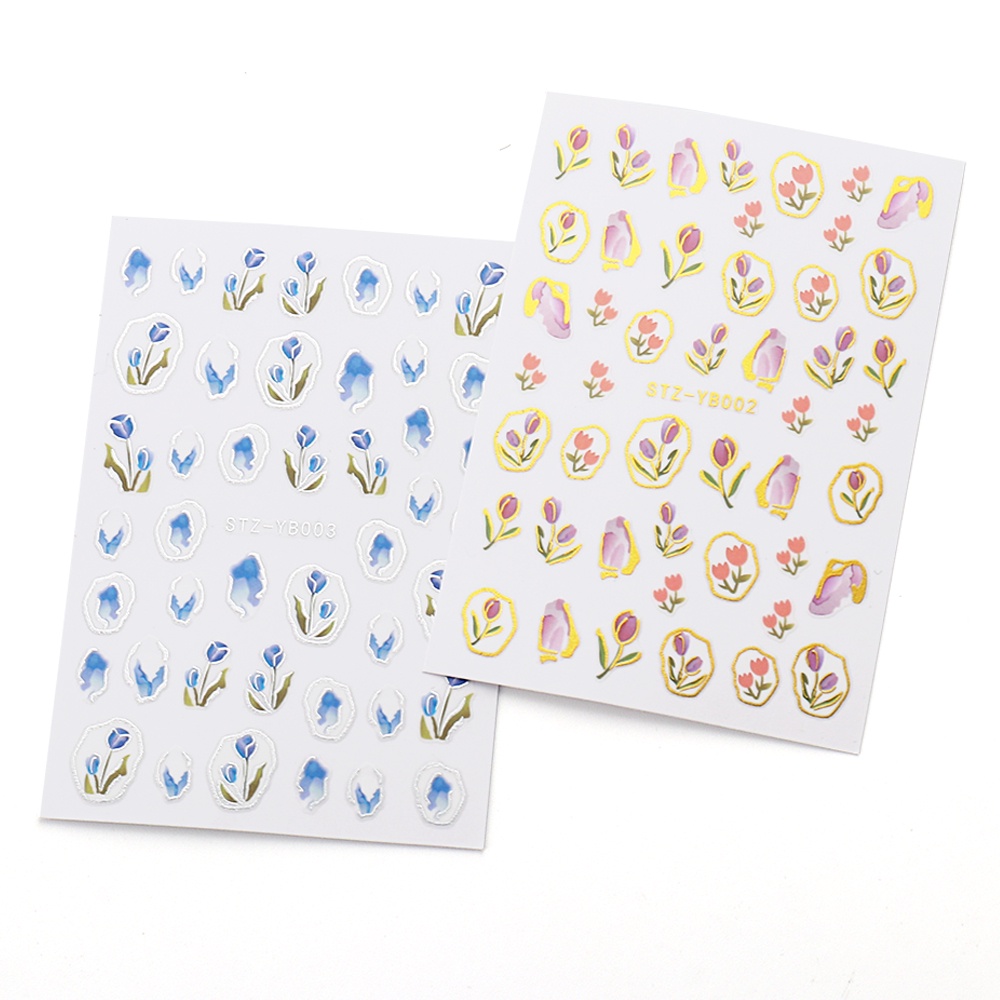 Miếng Dán Trang Trí Móng Tay 3D Hình Hoa Tulip Màu Hồng/ Bạc Thời Trang