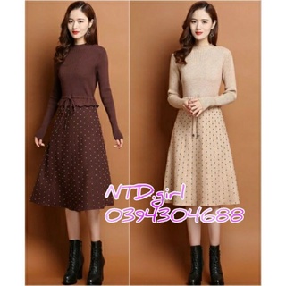 Hàng nhập - Đầm len xòe tùng chấm bi, váy xòe thu đông eo rút dây cổ lọ