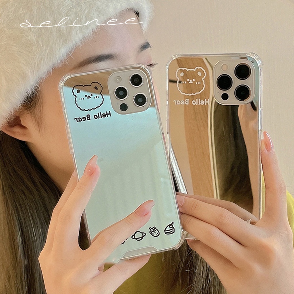 Ốp Điện Thoại TPU Mềm Có Gương Trang Điểm Hình Gấu Cho IPhone 13 12 11 Pro XS XR 8 7 Plus