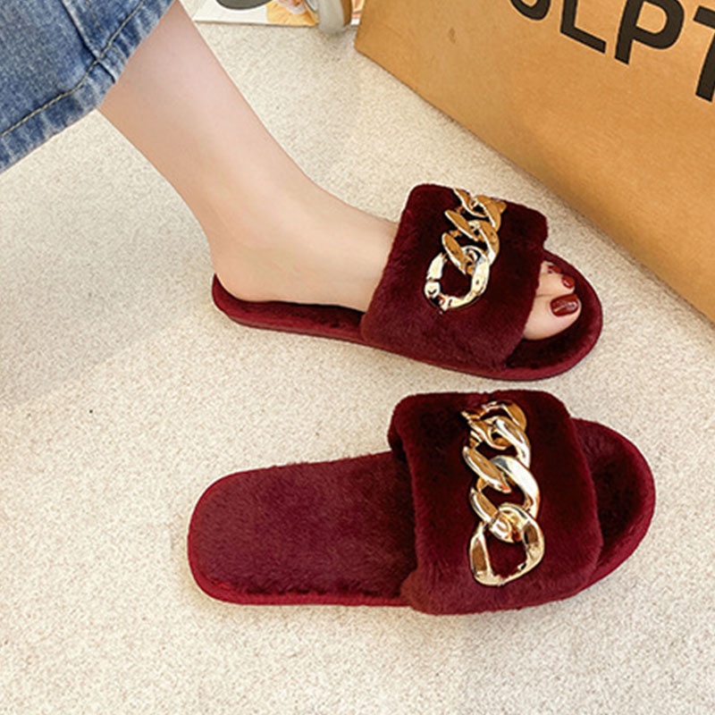 Dép Nữ Bông Đi Trong Nhà Đế Bằng Quai Xích Thời Trang Thu Đông Cho