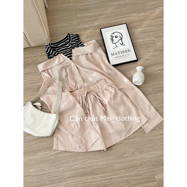 Set sơmi lụa cách điệu may liền áo lỗ kẻ sọc, set đồ nữ tiểu thư