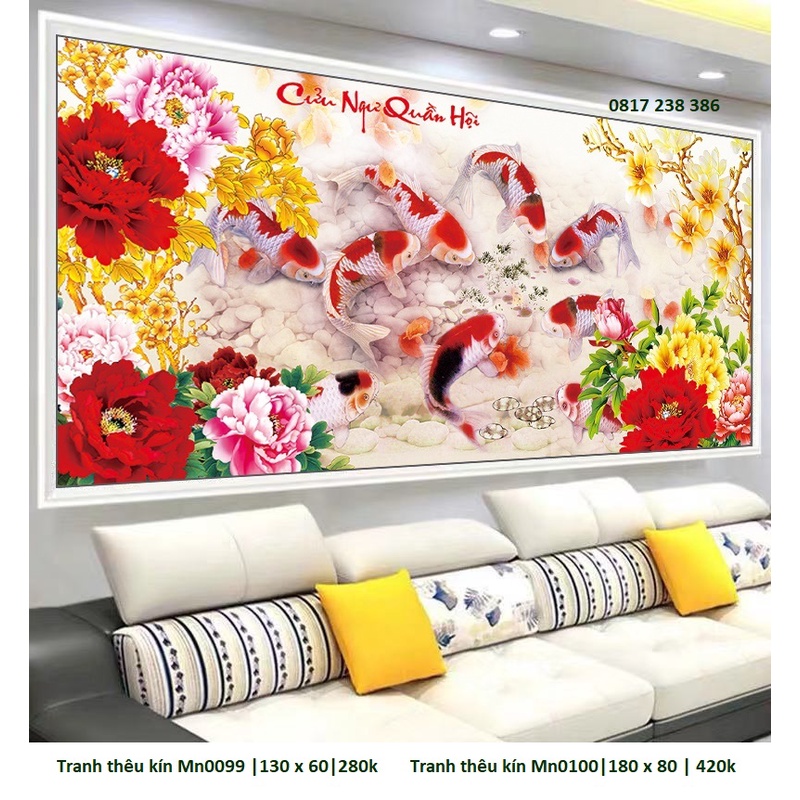 (THÊU KÍN) Tranh thêu chữ thập cửu ngư quần hội Mn0099 (130 x 65 cm), Mn0100 (180 x 80cm)