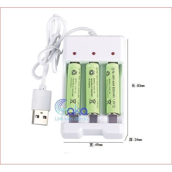 Bộ sạc pin tiểu AA  và AAA  đa năng cắm nguồn USB cho loại pin lại sạc được gồm 3 đầu cổng chân cắm có đèn báo