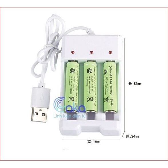 BỘ SẠC PIN TIỂU 2A VÀ 3A DÙNG CHO LOẠI PIN SẠC ĐƯỢC GỒM 3 KHE CẮM SỬ DỤNG CỔNG USB TIỆN LỢI CÓ ĐÈN BÁO SẠC